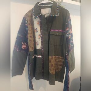 Desigual Olive Green Patchwork Embroidered Shirt Jacket